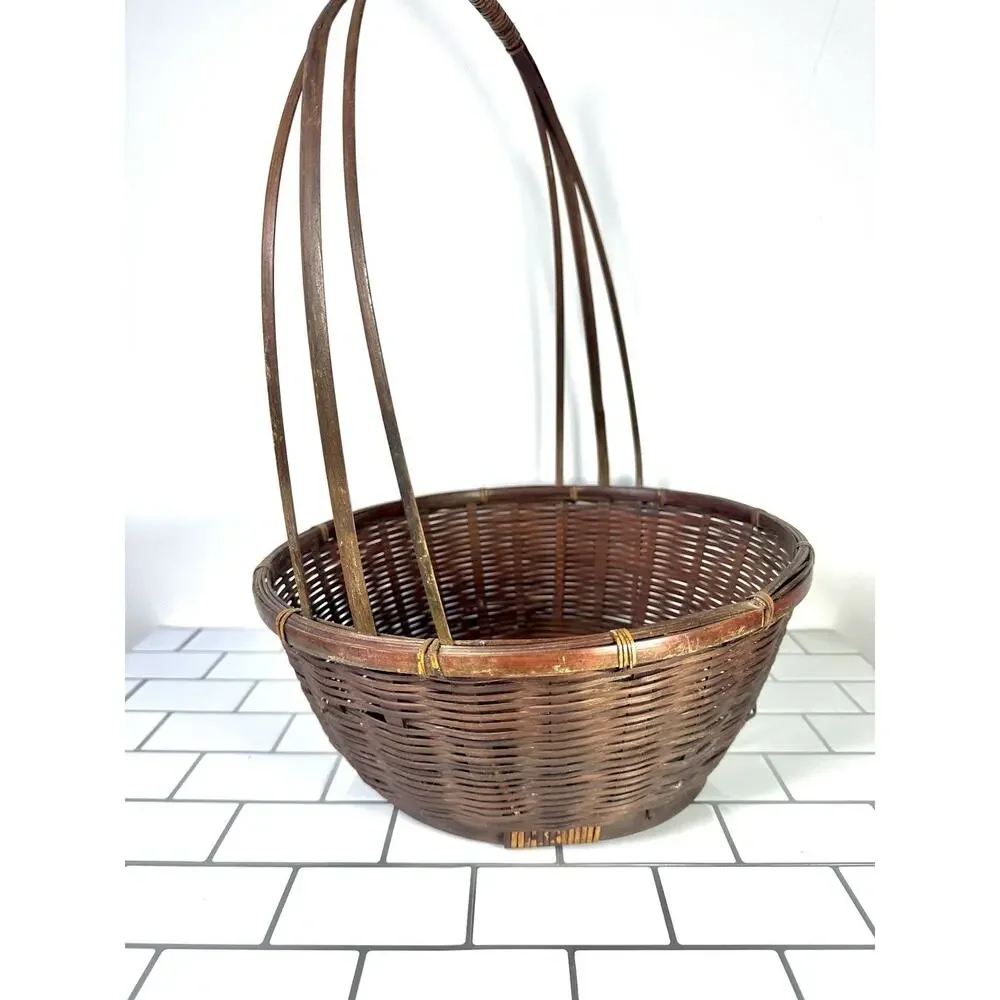 Vintage DCR Handwoven Bamboo Basket Bentwood Triple Handle Oval Wicker Basket